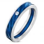 Dvojfarebný oceľový prsteň so zirkónom, modrá farba, strieborná farba